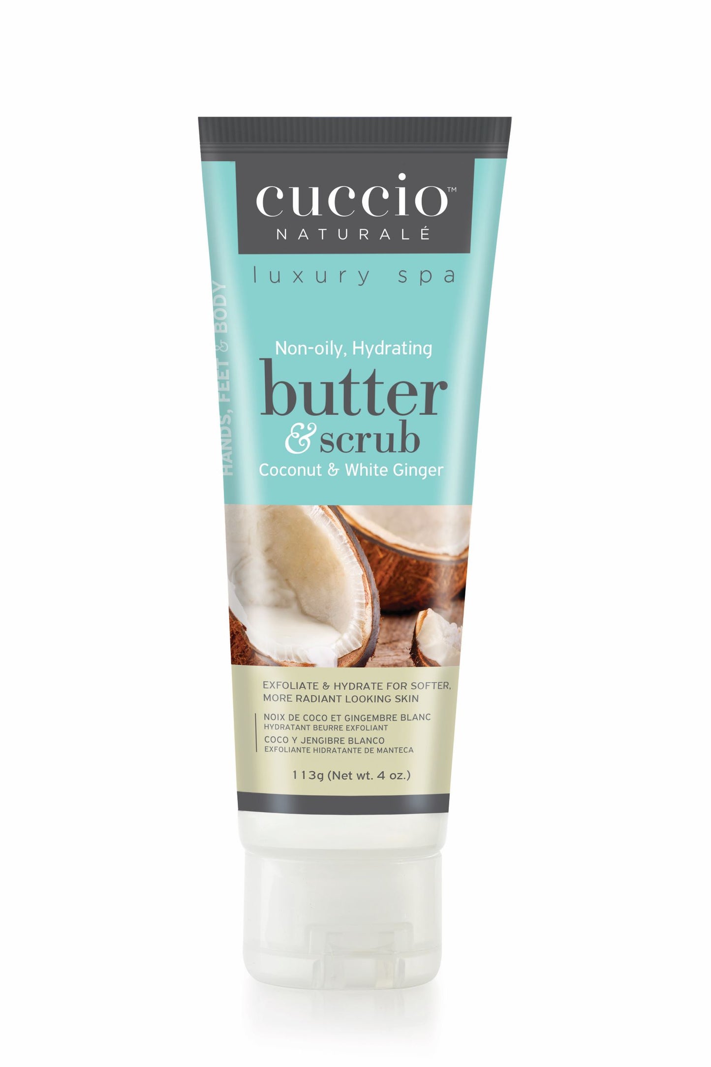 Butter & Scrub exfoliant au sucre a la noix de coco et gingembre de la marque Cuccio pour les mains, pieds et corps format 4oz, (1648202842182)