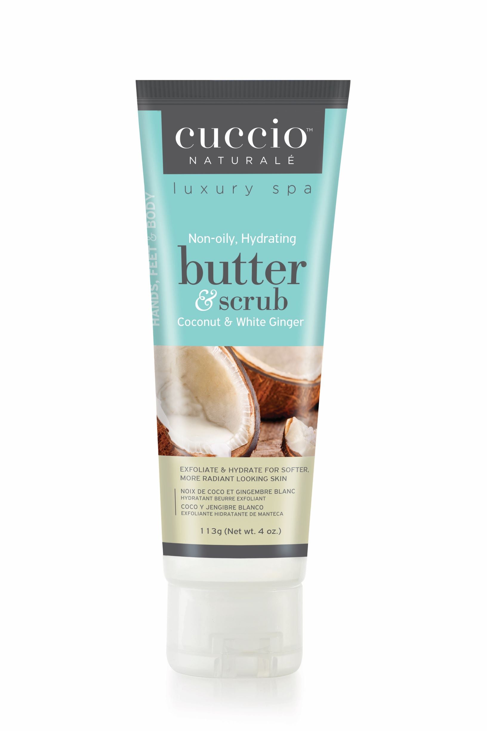 Butter & Scrub exfoliant au sucre a la noix de coco et gingembre de la marque Cuccio pour les mains, pieds et corps format 4oz, (1648202842182)