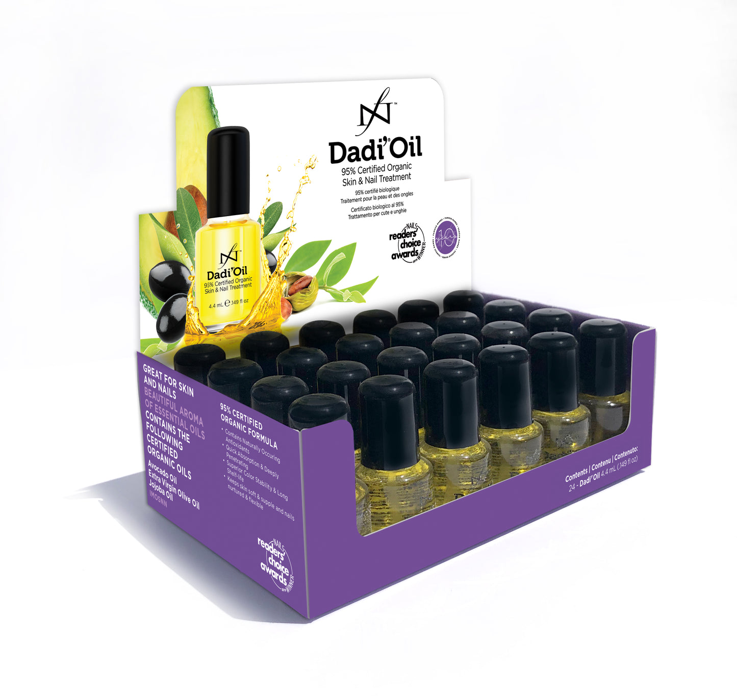 Dadi Oil de la marque Famous Names en boite de 24. Mélange d’huiles issues à 95% de l’agriculture biologique, renforcé par de la vitamine E naturelle, garantit à l’ongle une flexibilité et une brillance ultimes.  (6860859015234)