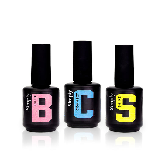 Connect Build Shine (CBS) de la marque en Vogue un kit de gel en bouteille claire, top coat et connect 