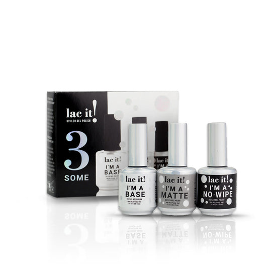 Lac It ! I'm a 3 Some Starter Kit de la marque En Vogue inclus la base, un top coat ultrabrillant et un top coat matte.