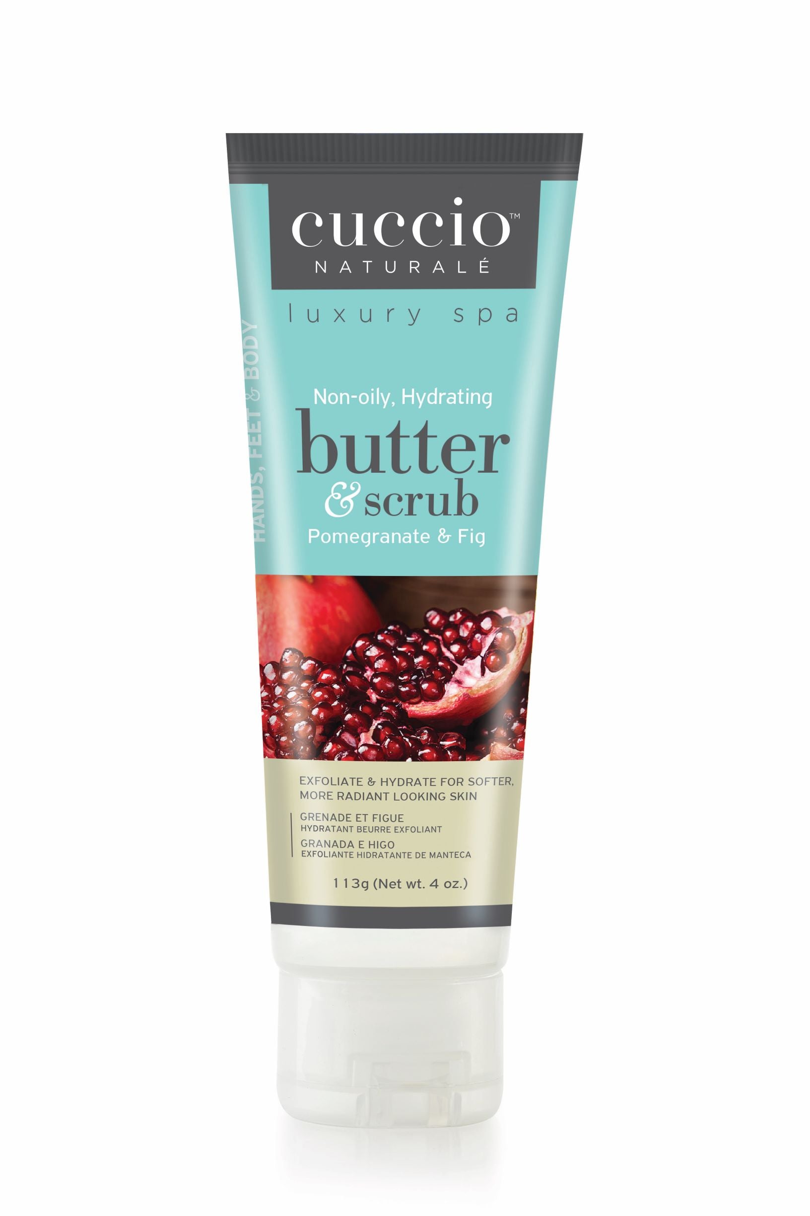 Butter & Scrub exfoliant au sucre de la marque Cuccio pour les mains, pieds et corps format 4oz.
