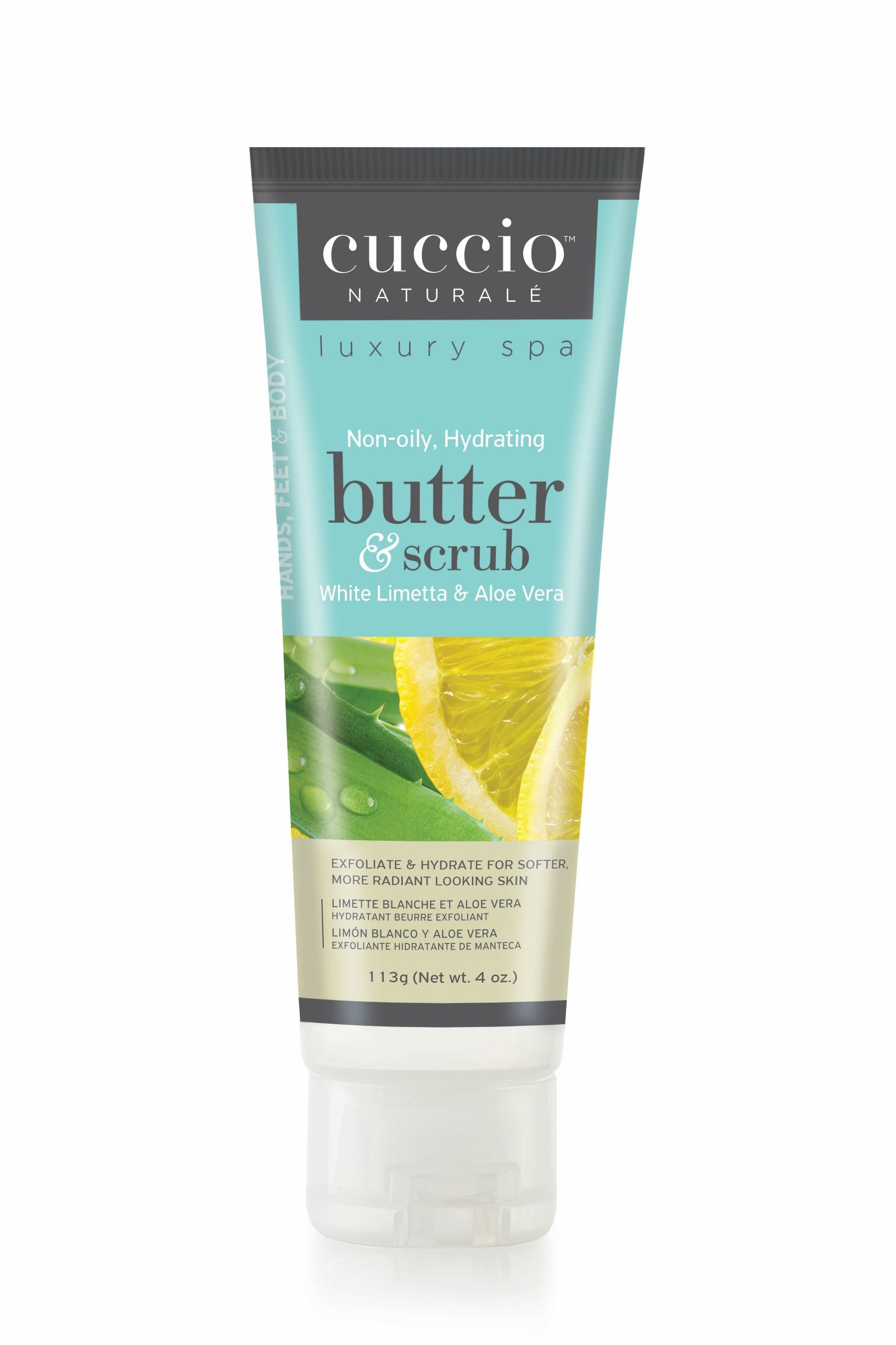 Butter & Scrub exfoliant au sucre limette blanche et aloès Vera de la marque Cuccio pour les mains, pieds et corps format 4oz.