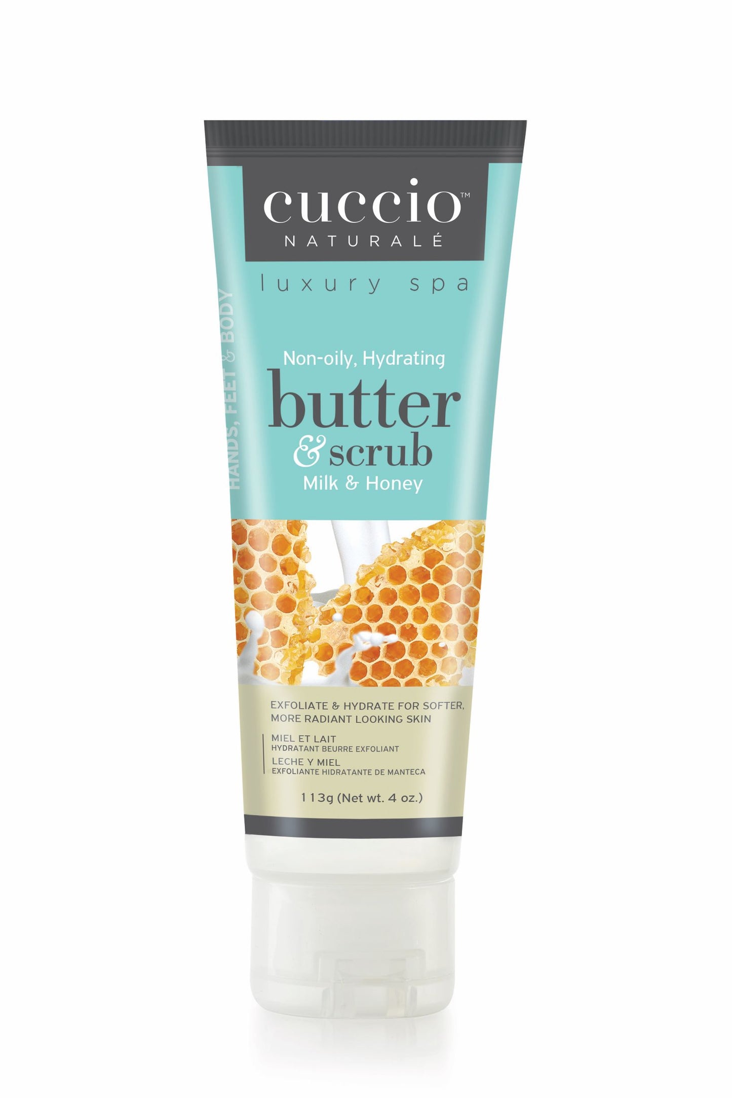 Butter & Scrub exfoliant a base de sucre de la marque Cuccio pour les mains, pieds et corps format 4oz.