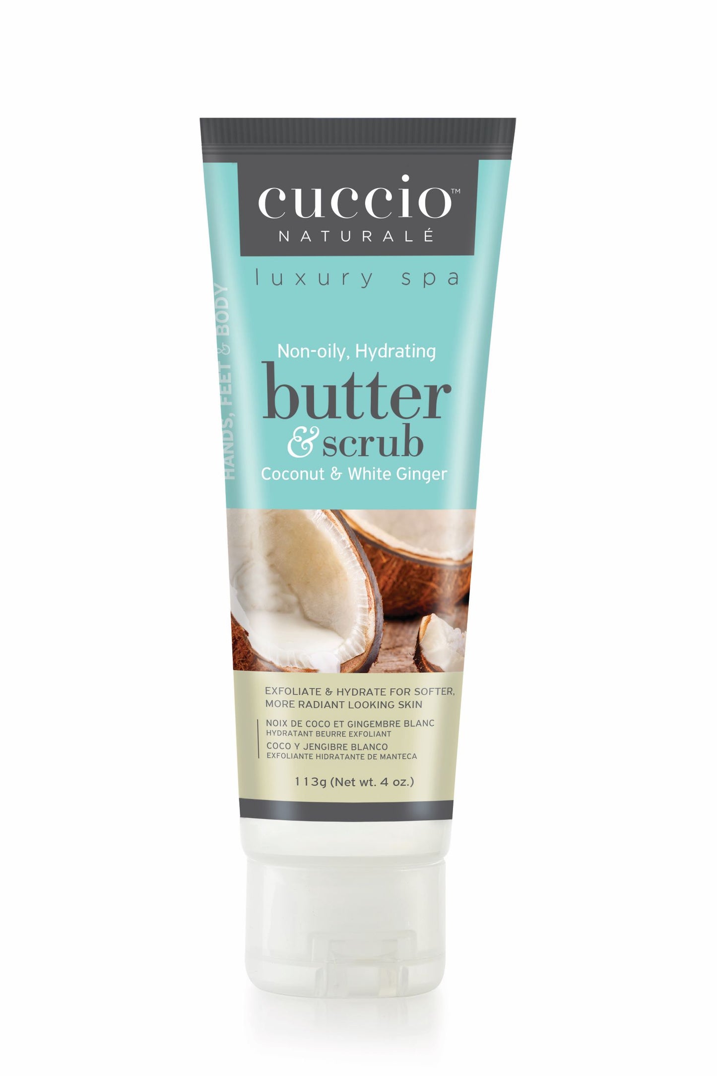 Butter & Scrub exfoliant au sucre a la noix de coco et gingembre de la marque Cuccio pour les mains, pieds et corps format 4oz,